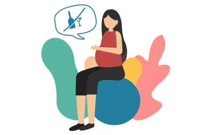 Vector graphic of a pregnant person sitting on a fit ball with a speech bubble containing the representation of alcohol marked out with a line