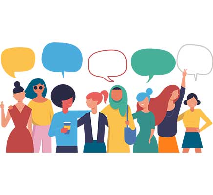 A vector graphic of a line of culturally diverse people interlocking arms, with coloured speech bubbles above their heads to represent conversation