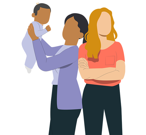 A person holding an infant just slightly above their eye line with another person standing next to them with their arms crossed, as a vector graphic