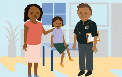 A young girl sits on a table next to her mum and an Aboriginal Health Worker.