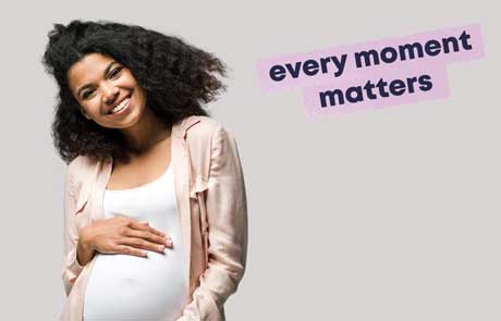 Every Moment Matters Campaign banner featuring a pregnant person holding their belly