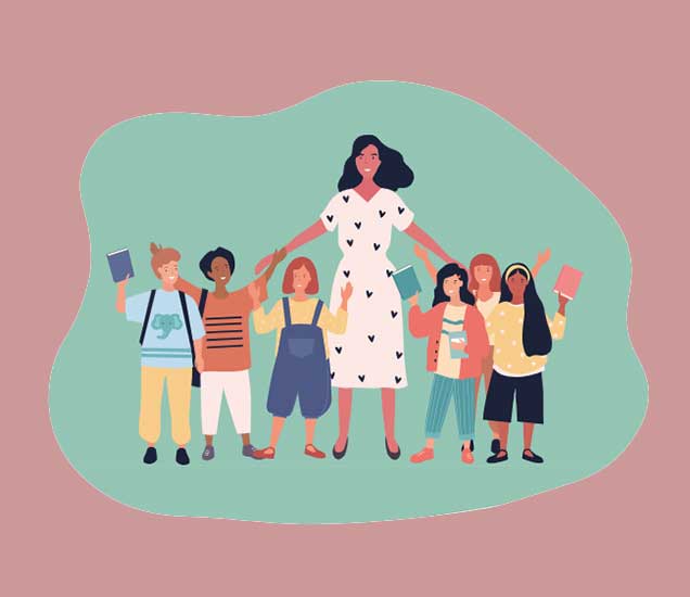 Image from the Learning with FASD website featuring a vector graphic of an adult with children holding books and arms elevated above their heads in a joyful manner