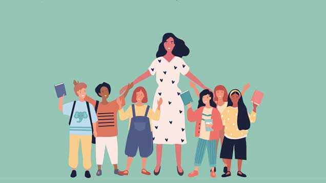 Image from the Learning with FASD website featuring a vector graphic of an adult with children holding books and arms elevated above their heads in a joyful manner