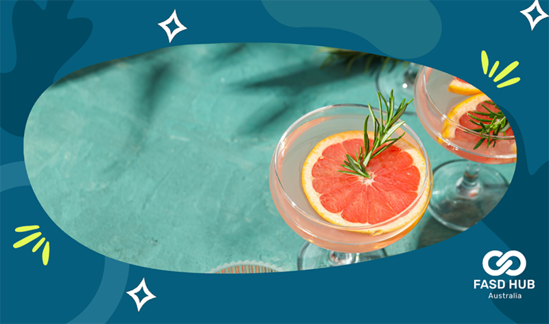 FASD Hub branded banner featuring a pink grapefruit and rosemary cocktail