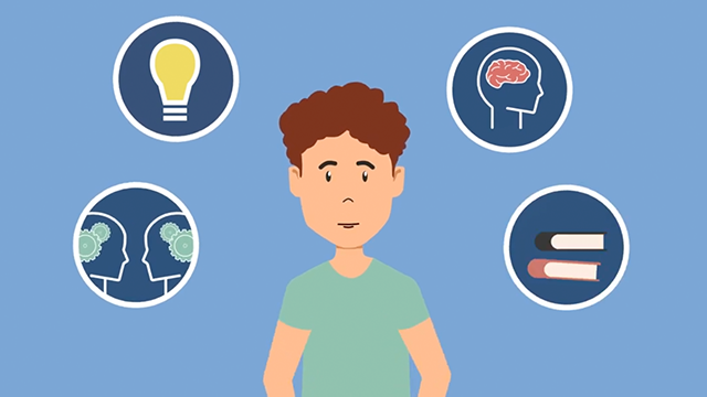 Carton graphic of a child who represents an adolescent person with icons that represent the neurodevelopmental domains that may affect a person with FASD